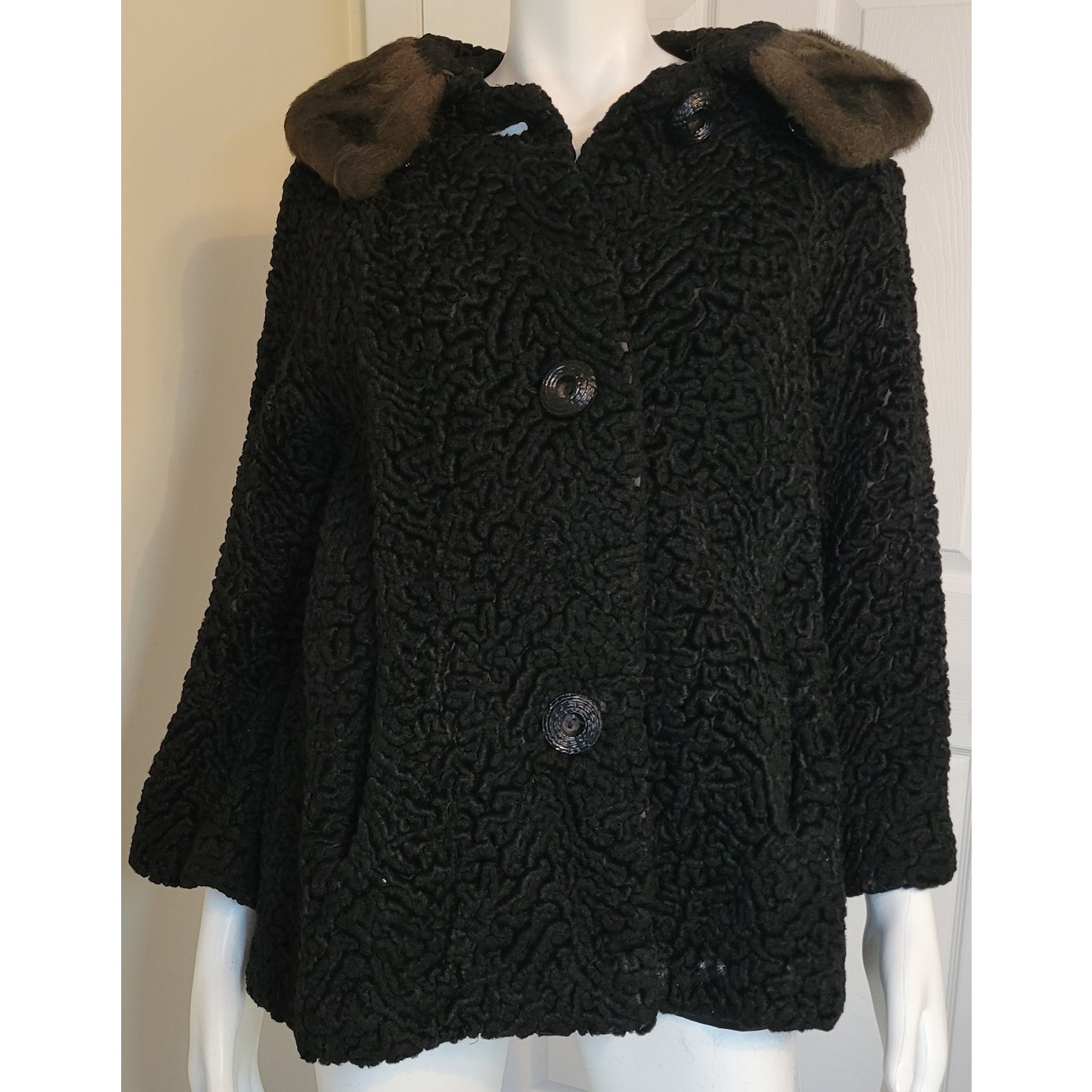 Black Faux Curly Shearling Pea Coat With Brown Fur Collar